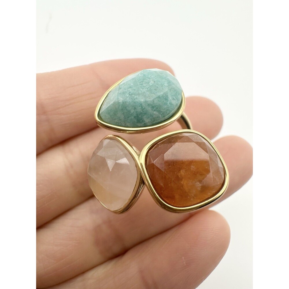 Gold Plated Amazonite Rose Quartz Sunstone Ring Size 6.5